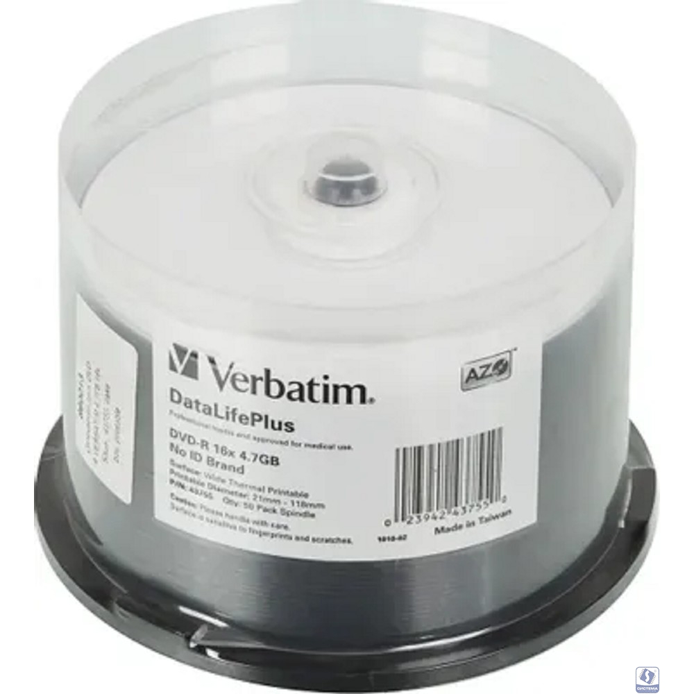 Verbatim  Диски DVD-R  4.7Gb 16-х, Cake Box 50шт. Printable (43755)