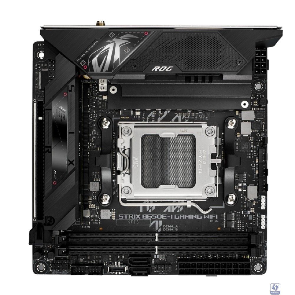 ASUS ROG STRIX B650E-I GAMING WIFI (Socket AM5, mini ITX, 2xDDR5(64GB), HDMI 2.1, 1xPCIe 5.0x16, 1xLAN (2.5GbE), Wi-Fi 6E, BT, 2xSATA 6Gb/s, 2xM.2, 2xType-C, 4xUSB 3.2, 2xUSB 2.0)