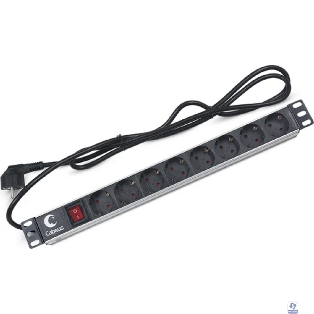 Cabeus PDU-8P-2EU Блок евророзеток для 19"шкафов, горизонтальный, 8 розеток, 16 A,выключатель, шнур 2м, алюминиевый корпус