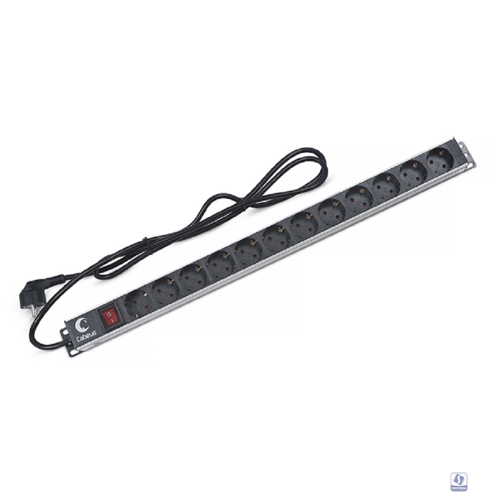 Cabeus PDU-12P-2EU Блок евророзеток для 19" шкафов, 12 розеток, 16 A, выключатель, шнур 2м, алюминиевый корпус, немецкий стандарт