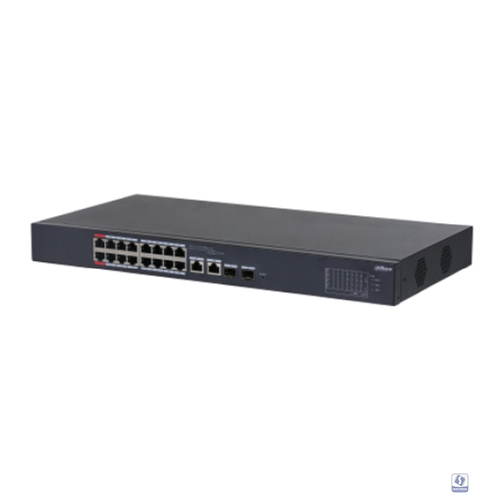 DAHUA DH-CS4218-16ET-240 16-портовый PoE коммутатор L2 с функцией облачного управления, 16xRJ45 100Mb PoE, 2хКомбо SFP/RJ45 1Gb uplink, суммарно 240Вт, коммутация 7.2 Гбит/с, MAC-таблица 8К