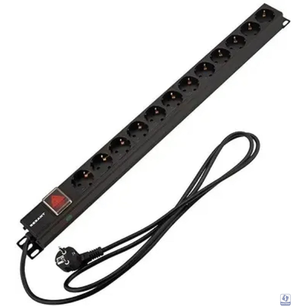 Rexant (04-0204-2) Блок распределения питания для 19" шкафов, вертикальный, 12 розеток СЕЕ 7/4, 16A, выкл, алюм корп, шнур 2м, вилка СЕЕ 7/7