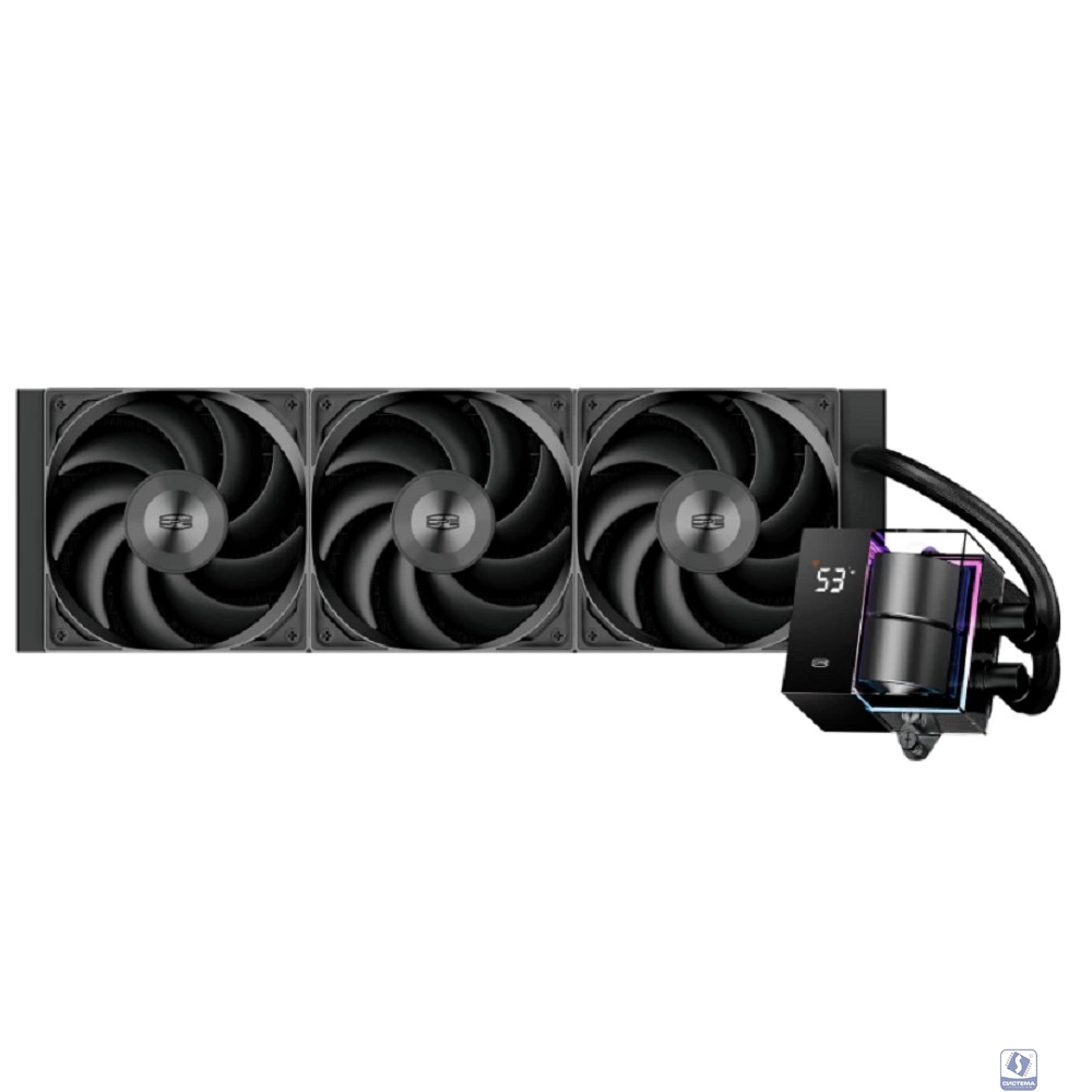 Система охлаждения/ PCCooler DS360 BK (310W, 360mm, LED temp., Black, ARGB Pump/ Fans: 3x120mm, 86.73CFM, 28dBA, 2200RPM/ Pump height 67mm, 28dBA, 3200RPM, Rad thickness 27mm/ S: 1851, 1700, 1200, 20X