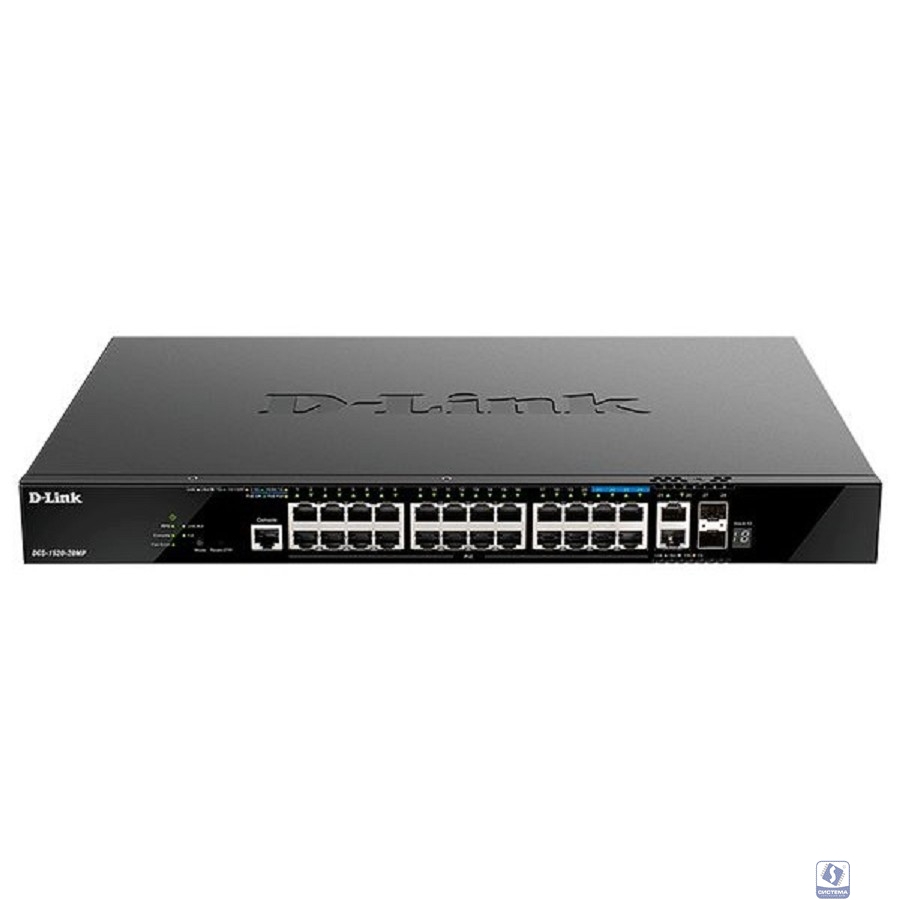 D-Link DGS-1520-28MP/A1A Управляемый L3 стекируемый коммутатор с 20 портами 10/100/1000Base-T, 4 портами 100/1000/2.5GBase-T, 2 портами 10GBase-T и 2 портами 10GBase-X SFP+ (PoE-бюджет 370 Вт)