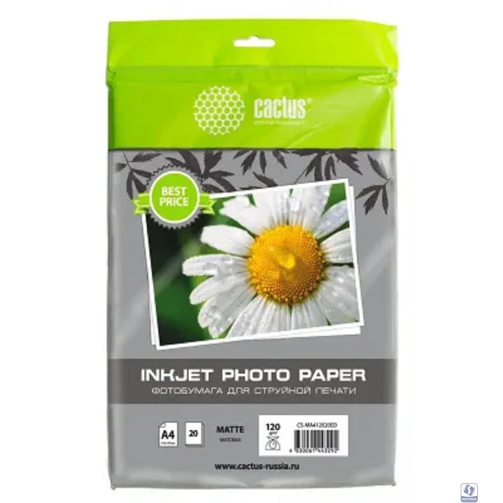 Фотобумага Cactus CS-MA412020ED, A4, для струйной печати, 20л, 120г/м2, белый, покрытие матовое