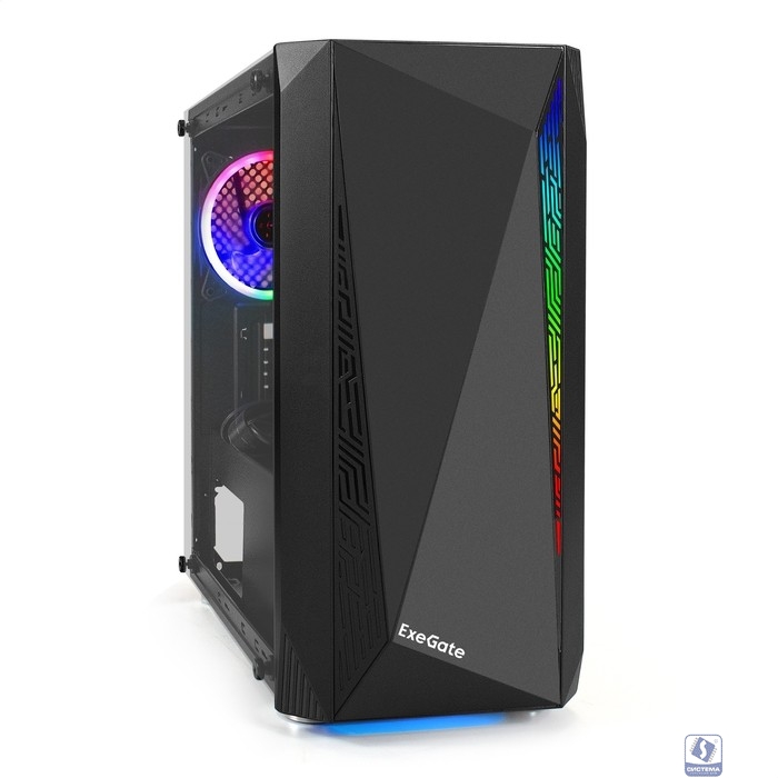 Exegate EX294384RUS Корпус Minitower ExeGate Mistery R2 (mATX, без БП, 2*USB+1*USB3.0, аудио, черный, 1 вент. 12см с RGB подсветкой и полоса на передней панели, боковая панель - закаленное стекло)