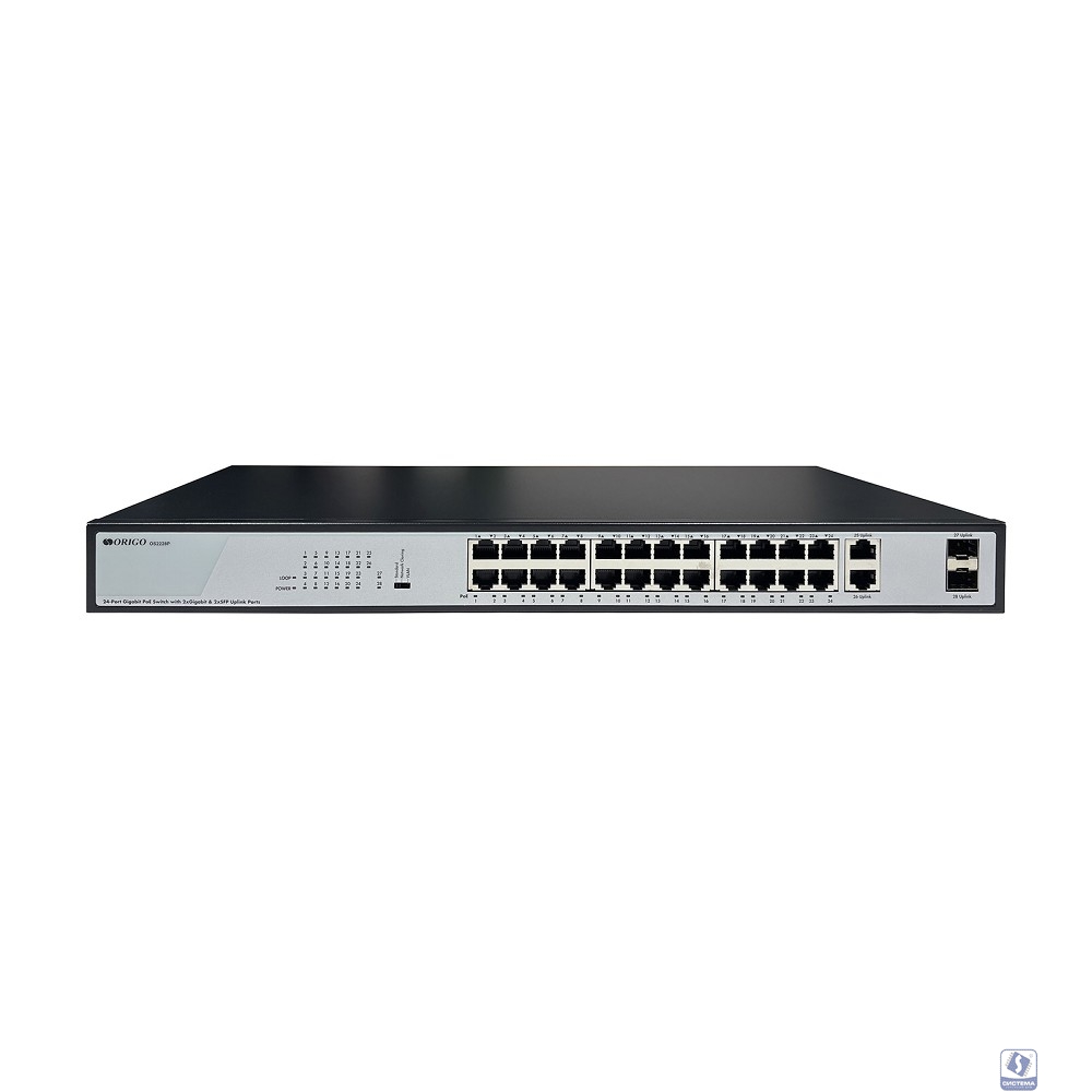 ORIGO OS2228P/370W/B1A Конфигурируемый PoE-коммутатор 24x1000Base-T PoE+, 2x1000Base-T, 2x1000Base-X SFP, PoE-бюджет 370 Вт, DIP-переключатель