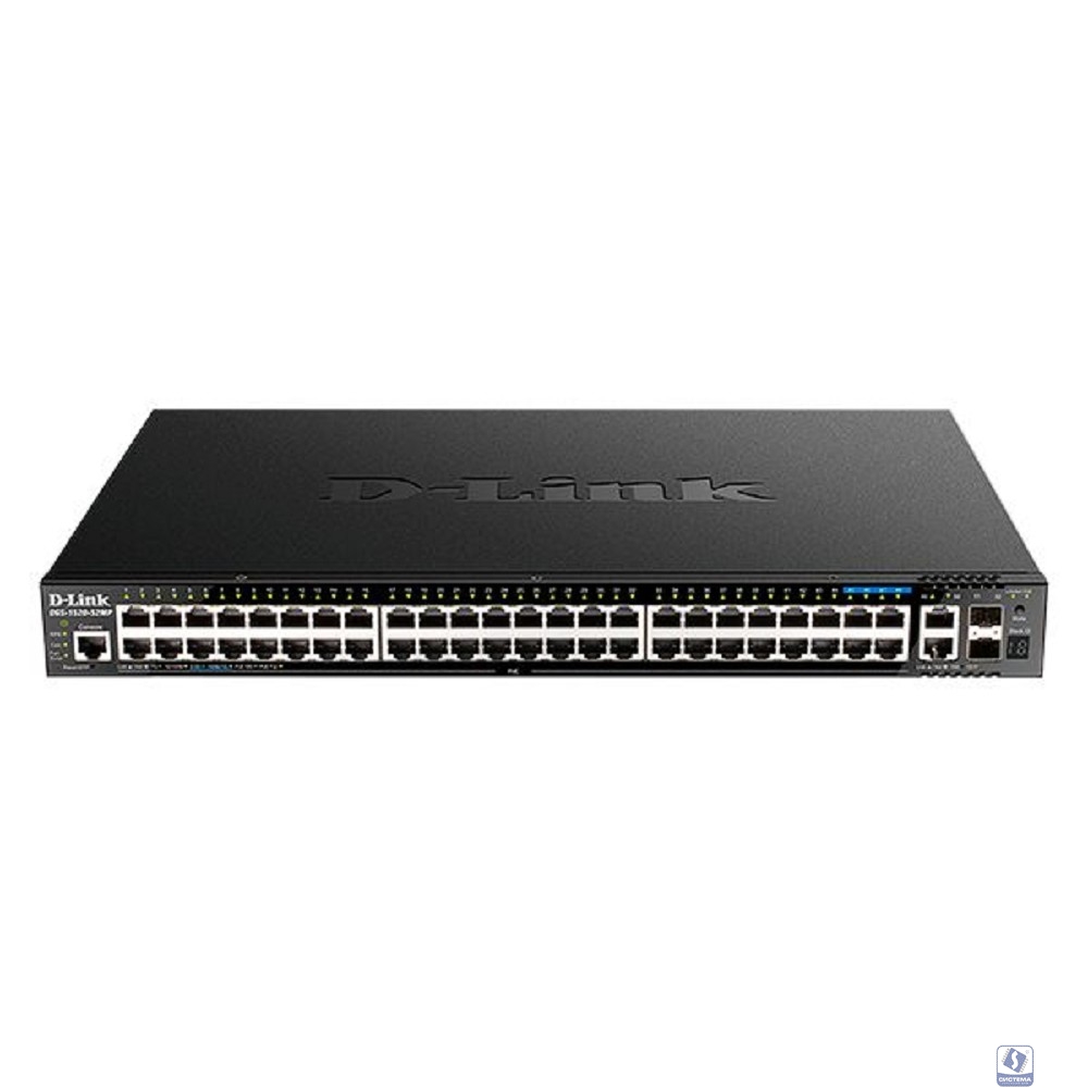 D-Link DGS-1520-52MP/A2A Управляемый L3 стекируемый коммутатор с 44 портами 10/100/1000Base-T, 4 портами 100/1000/2.5GBase-T, 2 портами 10GBase-T и 2 портами 10GBase-X SFP+ (PoE-бюджет 370 Вт)