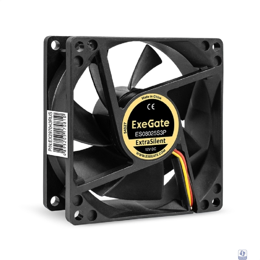 Exegate EX297043RUS Вентилятор 12В DC ExeGate ExtraSilent ES08025S3P (80x80x25 мм, Sleeve bearing (подшипник скольжения), 3pin, 2100RPM, 21dBA)