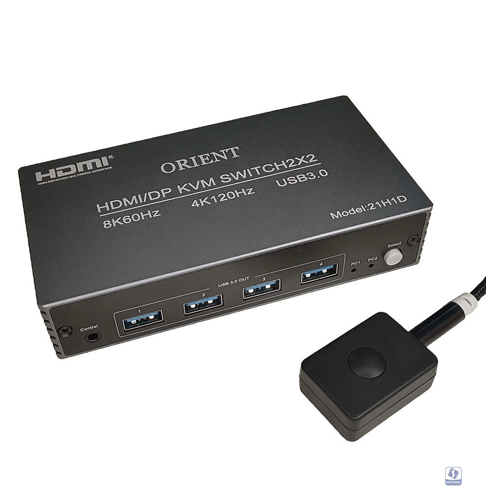 ORIENT HS21H1D 8K, HDMI/DisplayPort KVM переключатель 2x2 (2 устройства, 2 дисплея), порты 2xHDMI + 2xDP + 4xUSB 3.0 (клавиатура+мышь+внешние устройства), поддержка 8K@60 Гц/4K@120 Гц, (33452)