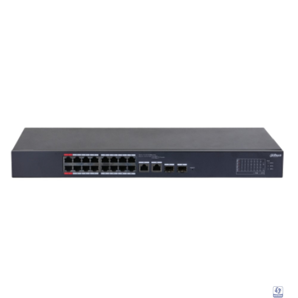 DAHUA DH-CS4218-16ET-190 16-портовый PoE коммутатор L2 управляемый 16xRJ45 100Mb PoE, 2хКомбо SFP/RJ45 1Gb uplink, суммарно 190Вт, коммутация 7.2 Гбит/с, MAC-таблица 8К