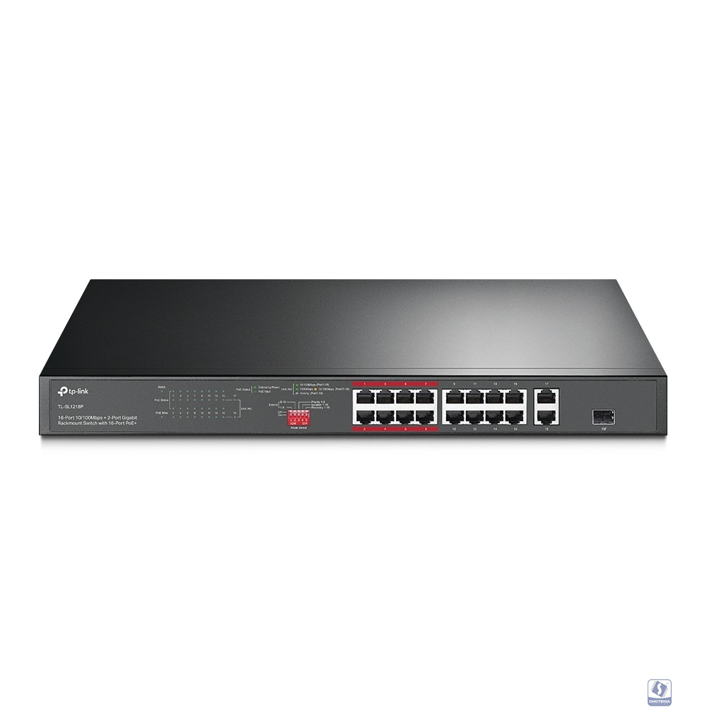 TP-Link TL-SL1218P Коммутатор с 16 портами PoE+ 10/100 Мбит/с, гигабитным портом RJ45 и комбинированным портом RJ45/SFP