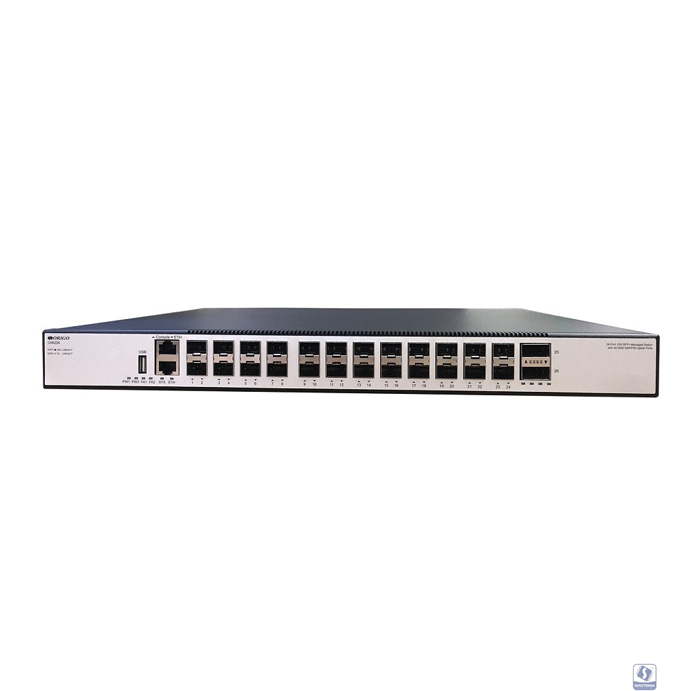 ORIGO OS6226/A1A Управляемый L3 стекируемый коммутатор, 24x10GBase-X SFP+, 2x100GBase-X QSFP28, консольный порт RJ-45, комплект для установки в 19" стойку