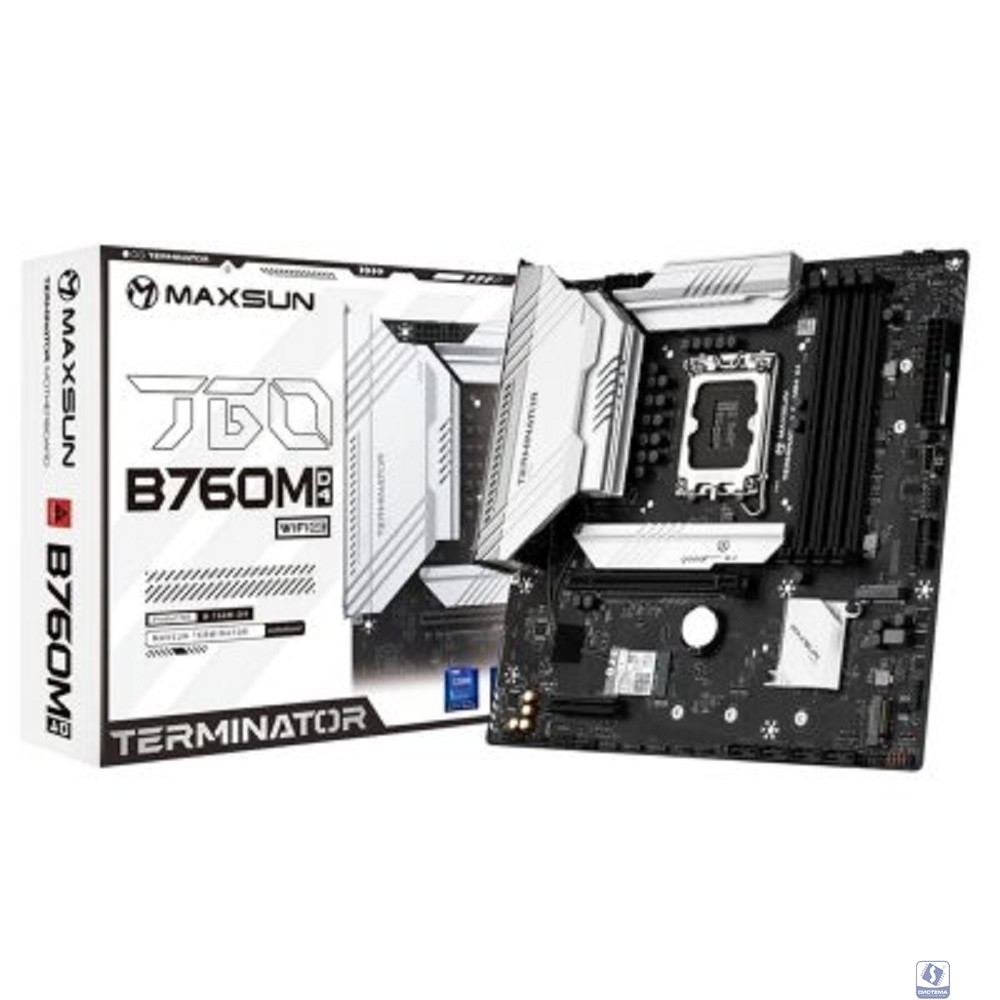 MAXSUN MS-Terminator B760M D4 WIFI6E V2 (Socket 1700, mATX, 4*DDR4(128b), DP/HDMI, 4*SATA3, 3*M.2, 1xPCI-E x16 /1xPCI-E x4, 6*USB 2.0, 2*USB 3.2 GEN2, LAN 1*2.5G,  Bluetooth,  Wi-Fi 802.11ax, RTL)