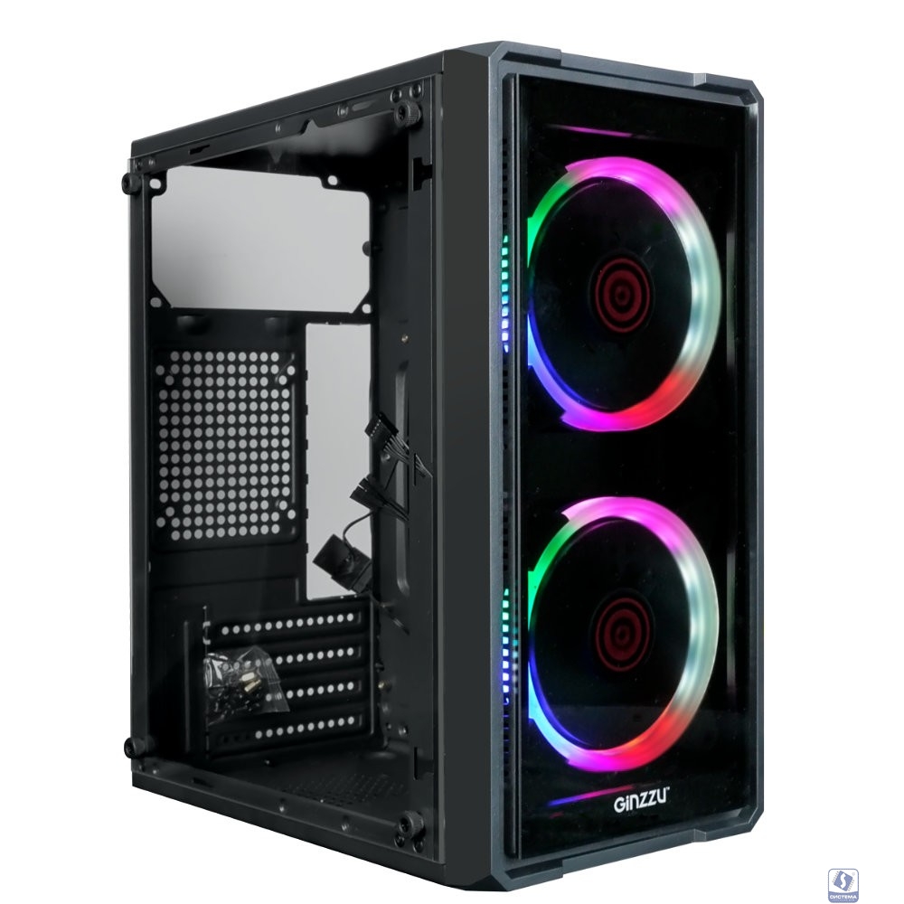 Корпус Ginzzu B177  2*USB 2.0,AU FAN 2*12 LED передняя и боковая панель стекло