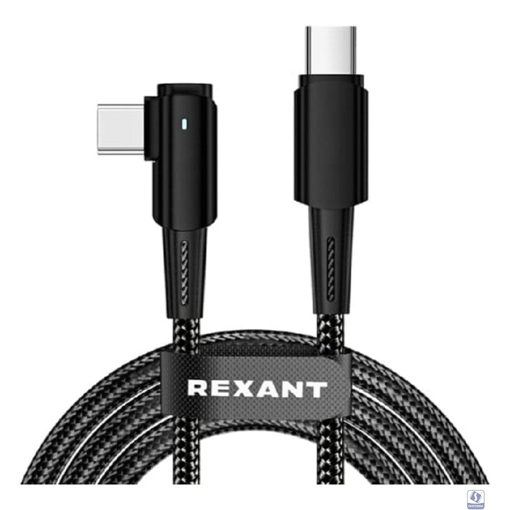 Rexant (18-7070) Кабель Type-C – Type-C, 5А, 100Вт, 1м, в черной нейлоновой оплетке, с угловым штекером и световой индикацией