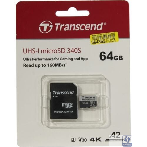 Micro SecureDigital 64GB Transcend Ultra Perfomrance microSDXC Class 10 UHS-I U3, V30, A2, (SD адаптер), TLC