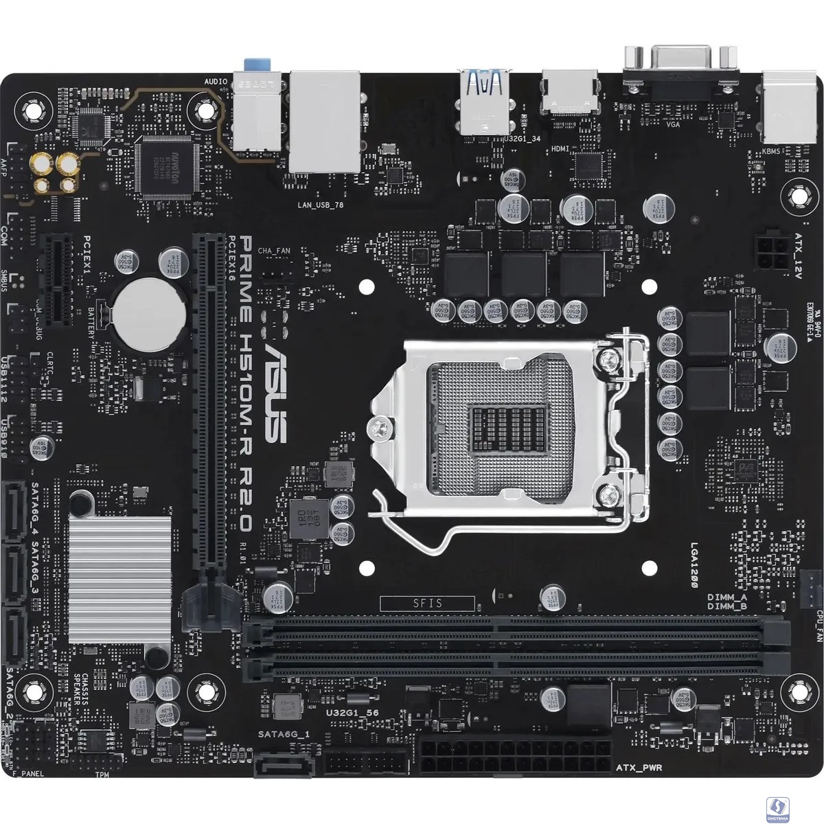 ASUS PRIME H510M-R R2.0-SI (Socket 1200, mATX, 2xDDR4(64GB), VGA/HDMI, 1xPCIe 4.0x16/1xPCIe 3.0, 1xLAN, 4xSATA 6Gb/s, 4xUSB 3.2, 2xUSB 2.0, 1xPS/2)