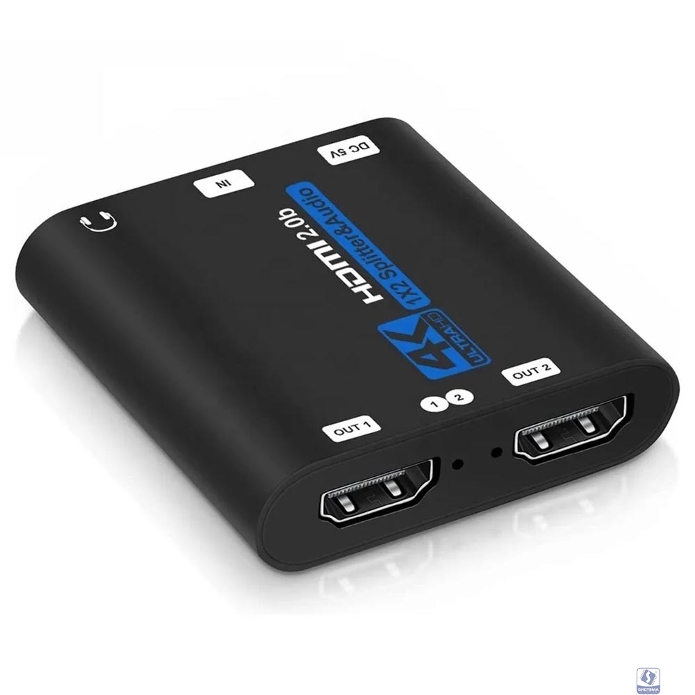 ORIENT HSP0102AH-2.0, HDMI разветвитель 1->2 с аналоговым аудиовыходом, UHD 4K/60Гц (3840x2160) YUV 4:4:4, HDR, HDMI 2.0b, 18 Гбит/с, HDCP2.2, аудио выход jack 3.5 мм, функция downscale (33207)