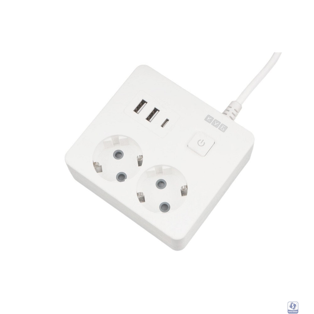 PowerCube Бытовой удлинитель (PC-1-2M) 2р с/з вык.,3USB, 3500 Вт, 16А, 1.9 м, 3*1,0 (белый) квадрат 