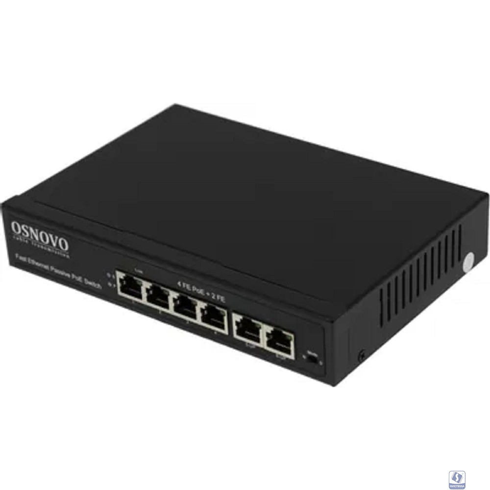 Коммутатор/ OSNOVO Passive PoE коммутатор 6 портов, 4 PoE порта 10/100 Base-T, 2*10/100 Base-T Uplink, до 30W на порт (SW-20600/A(80W))