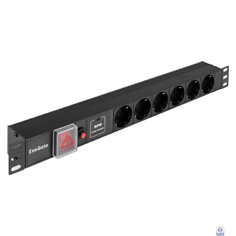 Exegate EX299606RUS Блок розеток с сетевым фильтром (Surge Protect), защитой от перегрузки, выключателем с подсветкой и разъемом подключения C14 ExeGate ServerPro PDU-19H605 Al-6S-C14-SW-O-SPD1 (19", 