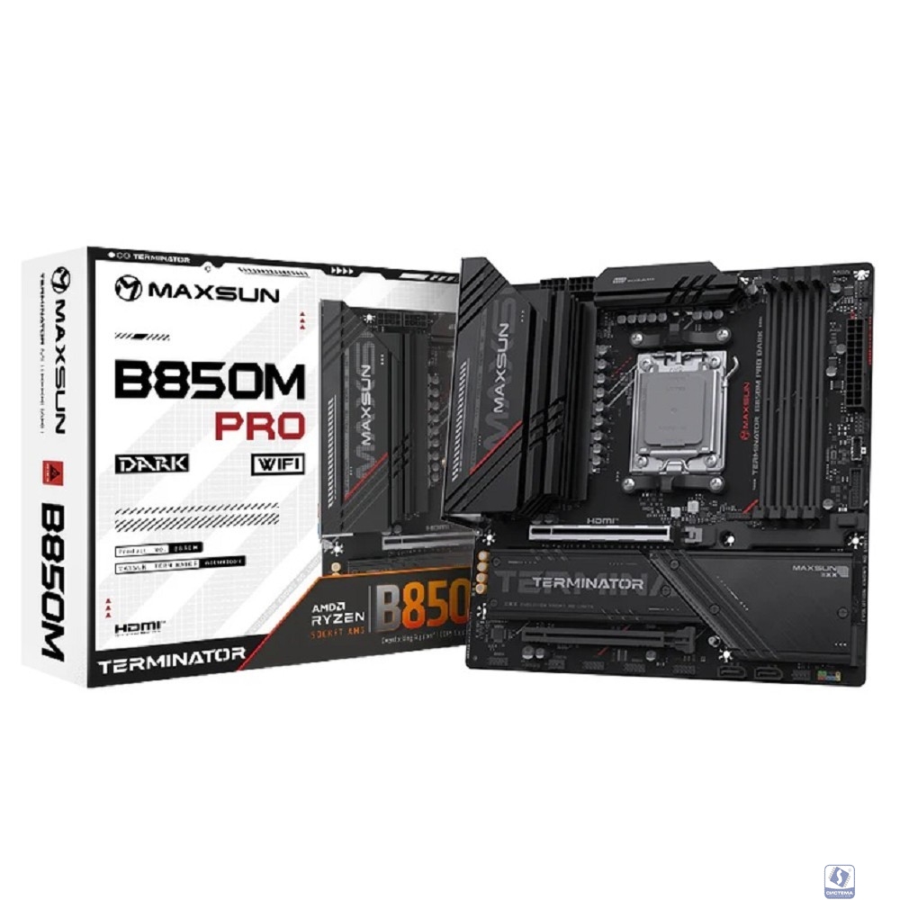 MAXSUN MS-Terminator B850M PRO DARK WIFI (Socket AM5, mATX, 4*DDR5(192Gb), DP/HDMI, 2*SATA3, 3*M.2, 1*PCIEx16/1*PCIEx4, 1* Type-C, 4*USB 2.0, 4*USB 3.2, LAN 1*2.5G, SPDIF, WiFi 6E,  RTL)