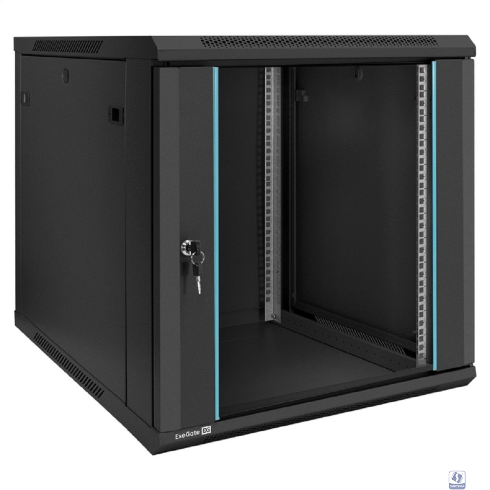 Exegate EX298610RUS Шкаф телекоммуникационный 19" настенный 12U ExeGate EC-WM-12U.600.G.BLACK (19”, 12U, 600x600x635mm (ШхГхВ), передняя дверь закаленное стекло, съемные боковые панели, пыле- и влагоз