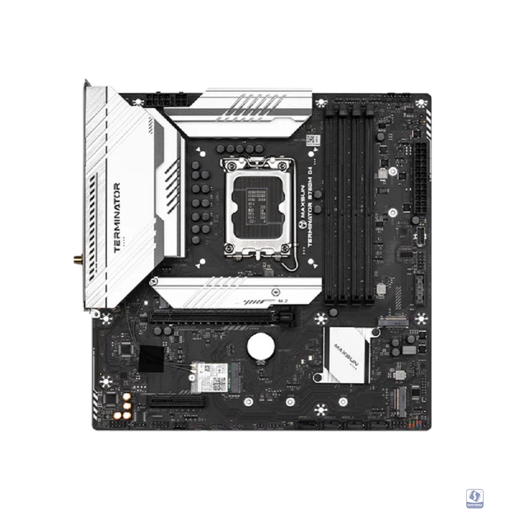 MAXSUN MS-Terminator B760M D4 WIFI V2 (Socket 1700, mATX, 4*DDR4(128Gb), DP/HDMI, 4*SATA3, 3*M.2, 1*PCIEx16/1*PCIEx4, 4*USB2.0, 2*USB 3.2, LAN 1*2,5 G, Bluetooth, Wi-Fi 802.11ax, RTL)