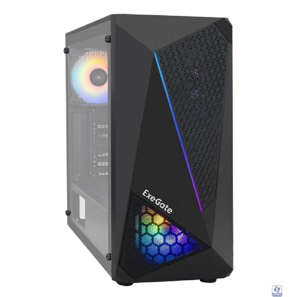 Exegate EX293014RUS Корпус Miditower ExeGate EVO-8225-NPX500 (ATX, БП 500NPX с вент. 12см, 2*USB+1*USB3.0, черный, 2 вент. с RGB подсветкой и полоса на передней панели, боковая панель - закаленное сте