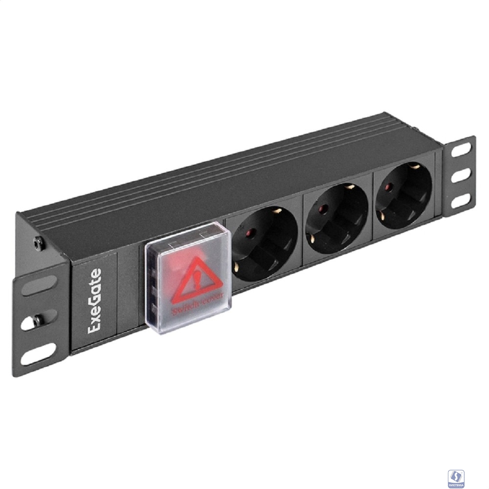 Exegate EX298593RUS Блок розеток 10" с выключателем с подсветкой ExeGate ServerPro PDU-10H305 Al-3S-C14-SW (10", 1U, Алюминий, 3 Schuko, C14, выкл. с подсветкой, (ШхВхГ): 254х45х45 мм, черный, RTL)
