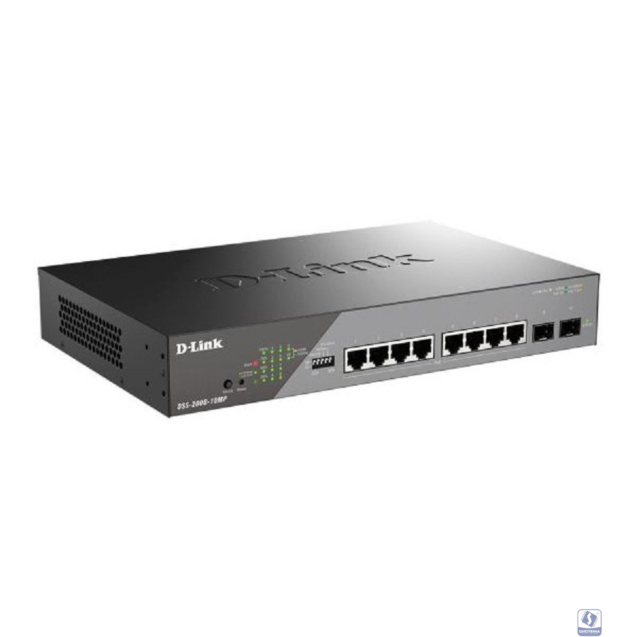 D-Link DSS-200G-10MP/A1A Настраиваемый L2 коммутатор с 8 портами 10/100/1000Base-T и 2 портами 1000Base-X SFP (8 портов PoE 802.3af/at, PoE-бюджет 130 Вт, дальность до 250 м)  