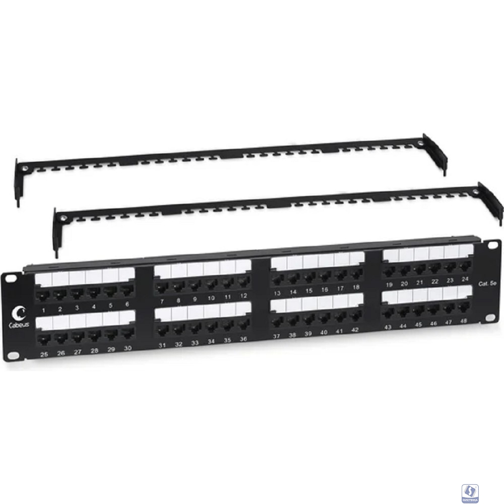 Cabeus PL2-48-Cat.5e-Dual IDC Патч-панель 19" (2U), 48 портов RJ-45, категория 5e, Dual IDC, с задним кабельным организатором