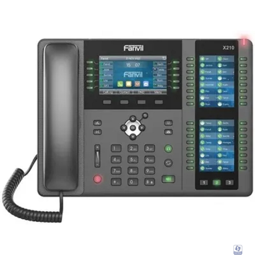 Fanvil X210 20 линии SIP, HD аудио,имеет цветной дисплей 4.3 дюймов 480x272, 3 ЖК дисплея, имеет 2 порта Gigabit LAN, питание PoE, 106 DSS/BLF ключи, WIFI, Bluetooth