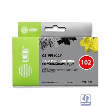 CACTUS PFI-102Y Картридж струйный для Canon iPF500/iPF600/iPF700/ MFP M40/iPF765/LP17/LP24, желтый (130мл)