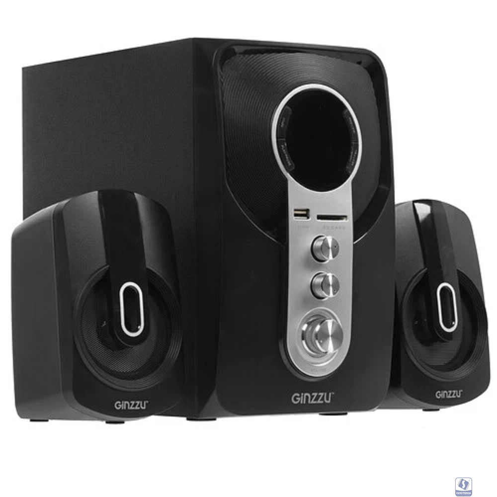 Ginzzu GM-405 2.1 с Bluetooth, выходная мощность 20Вт + 2х10Вт, аудиоплеер USB-flash, SD-card, FM-радио, пульт ДУ - 21 кнопка, стерео вход (2RCA), эквалайзер (обыч