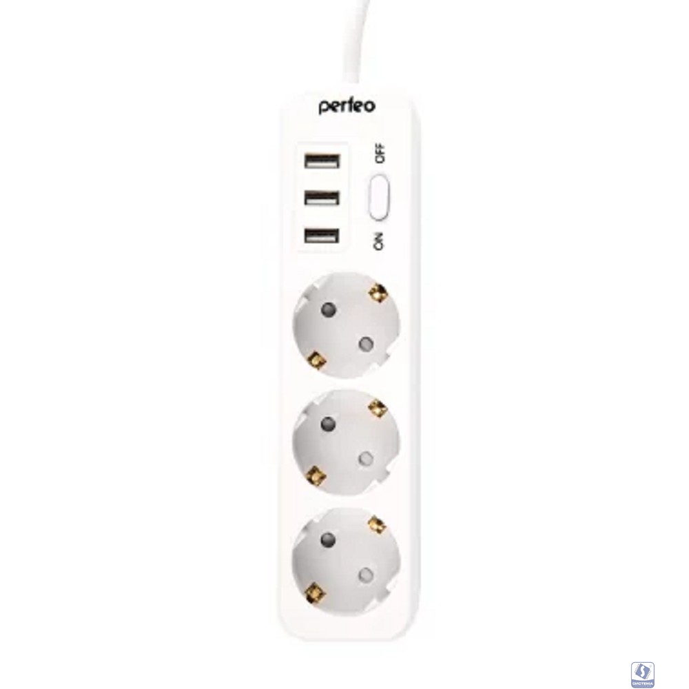 Perfeo сетевой фильтр "POWER STREAM", 2500W, двойная защита, 4м, 3 розетки, 3 USB, белый.
