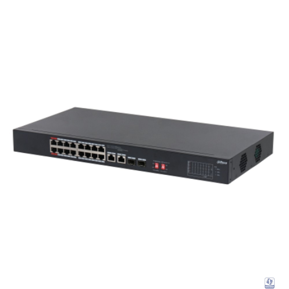 DAHUA DH-S3218-16ET-135 16-портовый неуправляемый коммутатор с РоЕ, 16xRJ45 100Mb, 2хКомбо SFP/RJ45 1Gb uplink, суммарно до 135Вт, коммутация 7.2 Гбит/с, MAC-таблица 8К