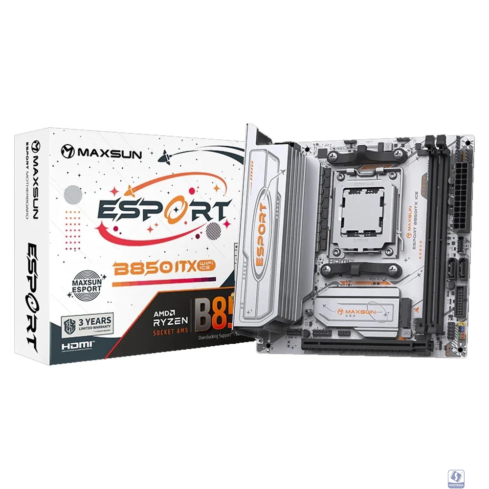 MAXSUN MS-eSport B850ITX WIFI ICE (Socket AM5, mini-ITX, 2*DDR5(96Gb), DP/HDMI,  2*SATA3, 2*M.2,  1*PCIEx16, 4*USB2.0, 2*USB 3.0, 1*Type-C, LAN 1*2,5G, Bluetooth, Wi-Fi 802.11ax, RTL)
