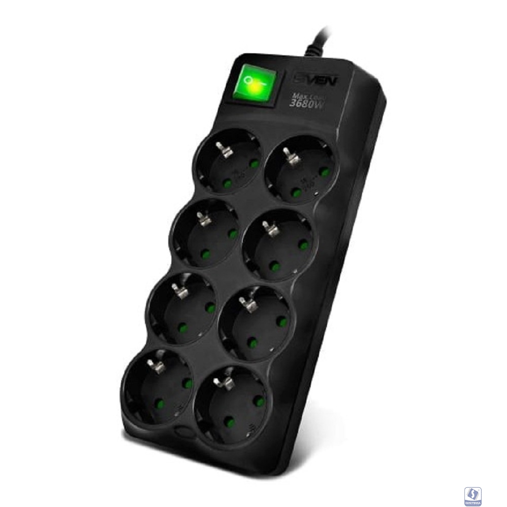 SVEN Фильтр SF-08E-16 3,0 м (8 розеток с защитными шторками,16А) черный, цветная коробка [SV-021610]