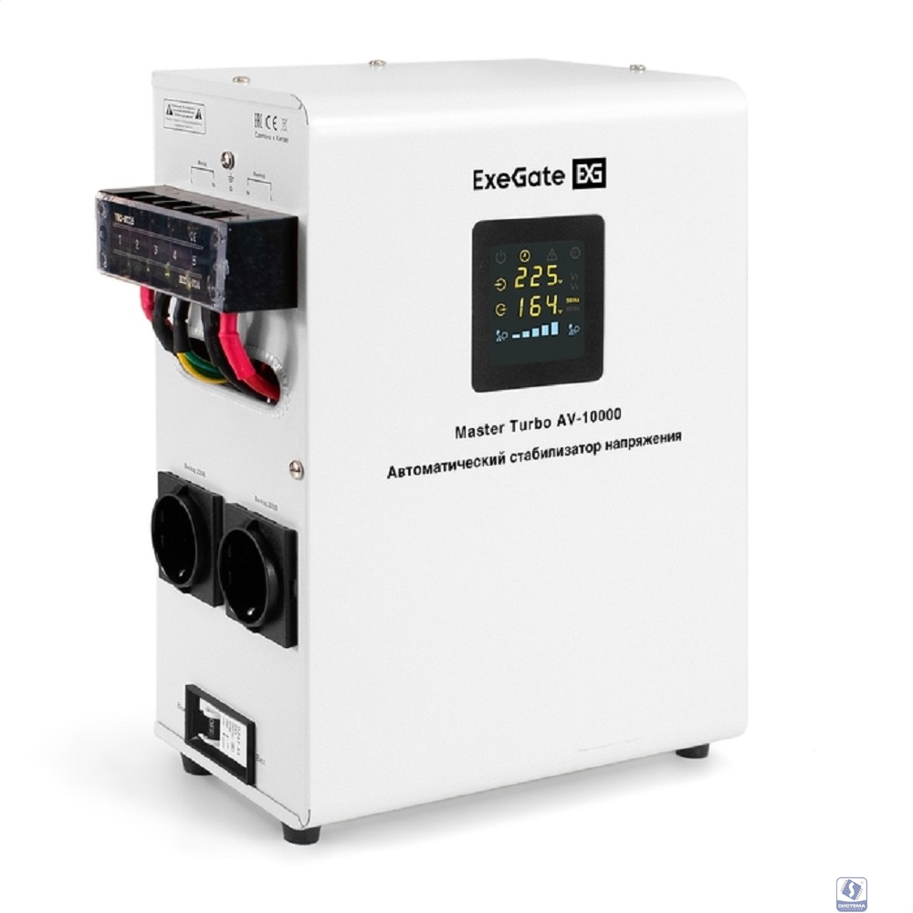 Exegate EX291743RUS Стабилизатор напряжения ExeGate Master AV-10000 (10000ВА, 140-260В, цветной дисплей, 220В±8%, КПД 98%, 5 уровней защиты, задержка, усиленный метал.корпус, клем.колодка+евророзетка,