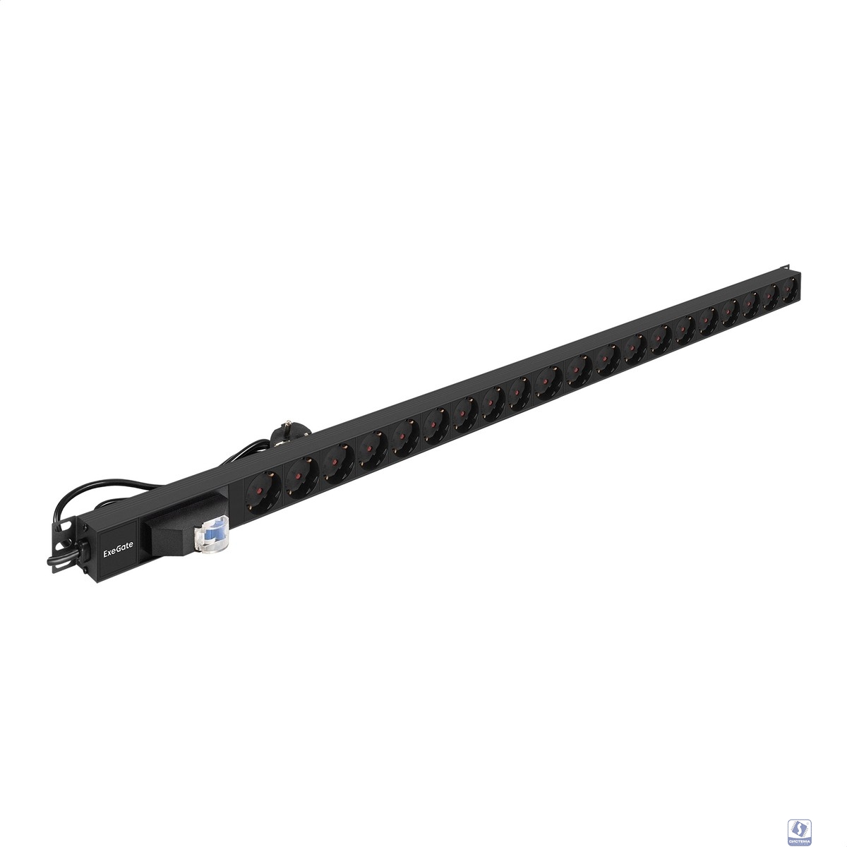Exegate EX296173RUS Блок розеток вертикальный ExeGate ServerPro PDU-V201 Al-20S-EU3-1P (19", 1U, Алюминий,20 Schuko, кабель с евровилкой VDE-250V-16A-3*2.5mm2, 3 метра, автомат защиты, черный, RTL)