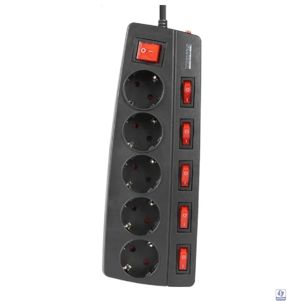 Filum Сетевой фильтр FL-SPL5-1.8M-BL, 2500 Вт., 5 розеток, защитные шторки, инд. выключатели, шнур 1.8 м., черный 