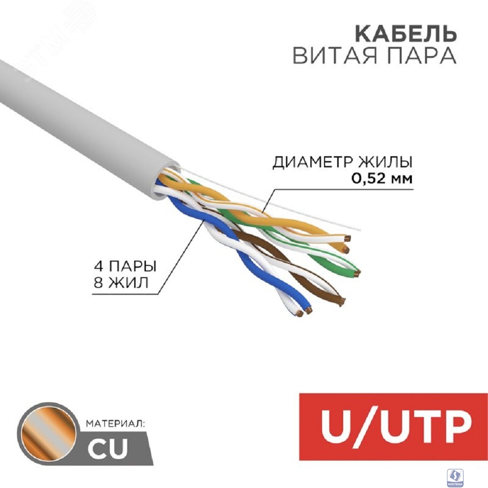 Rexant (02-0005-R) Кабель витая пара U/UTP, CAT 5е, PVC, 4x2x0,52 мм, 24AWG, INDOOR, SOLID, серый, 305м, РФ