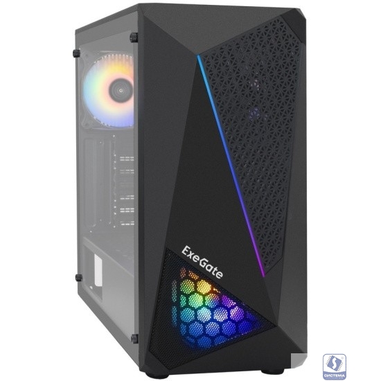 Exegate EX293016RUS Корпус Miditower ExeGate EVO-8225-NPX700 (ATX, БП 700NPX с вент. 12см, 2*USB+1*USB3.0, черный, 2 вент. с RGB подсветкой и полоса на передней панели, боковая панель - закаленное сте