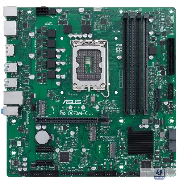 ASUS PRO Q670M-C-CSM (Socket 1700, mATX, 4xDDR5(128GB), 2xDP/HDMI, 1xPCIe 4.0x16,/1xPCIe 3.0, 1xLAN, 6xSATA 6Gb/s, 2xM.2, 1xM.2 E key, 4xUSB 3.2, 2xUSB 2.0, 2xPS/2)