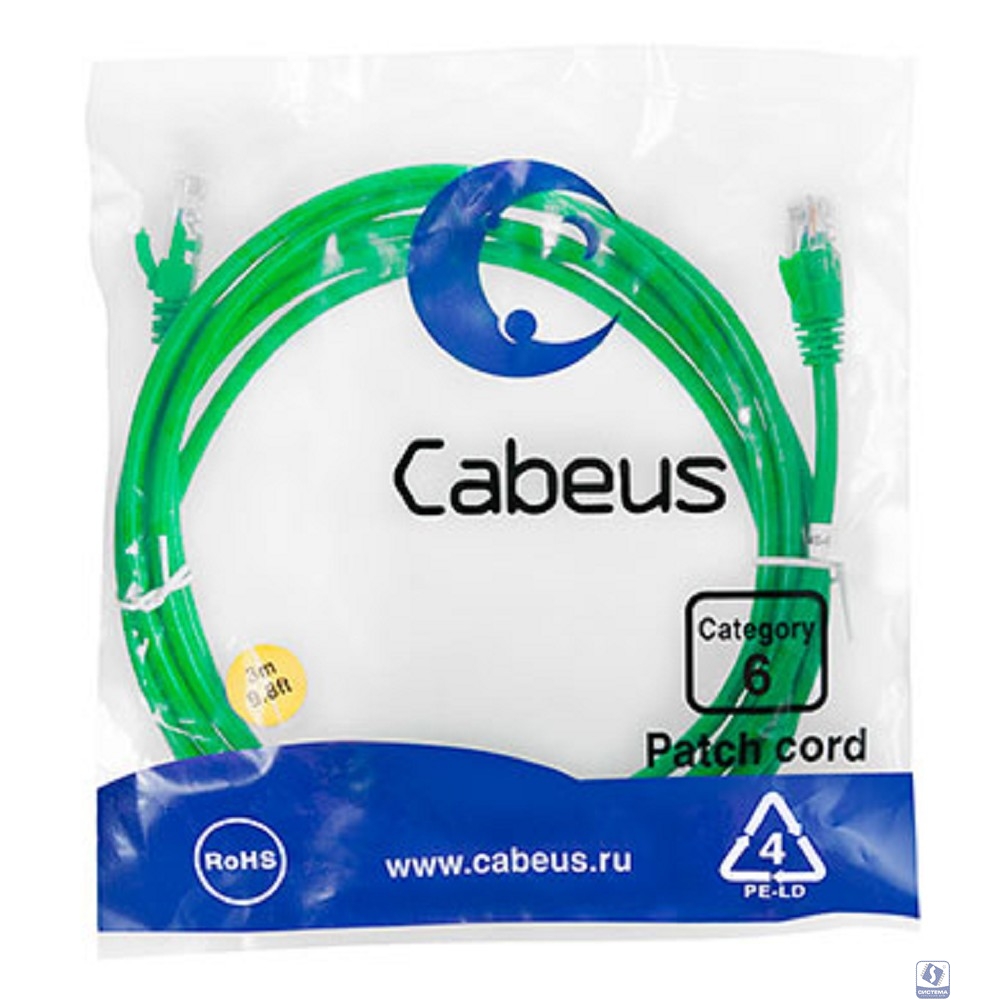 Cabeus PC-UTP-RJ45-Cat.6-3m-GN Патч-корд U/UTP, категория 6, 2xRJ45/8p8c, неэкранированный, зеленый, PVC, 3м