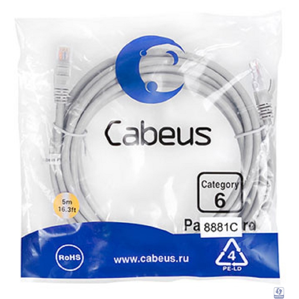 Cabeus PC-UTP-RJ45-Cat.6-5m-LSZH Патч-корд U/UTP, категория 6, 2xRJ45/8p8c, неэкранированный, серый, LSZH, 5м