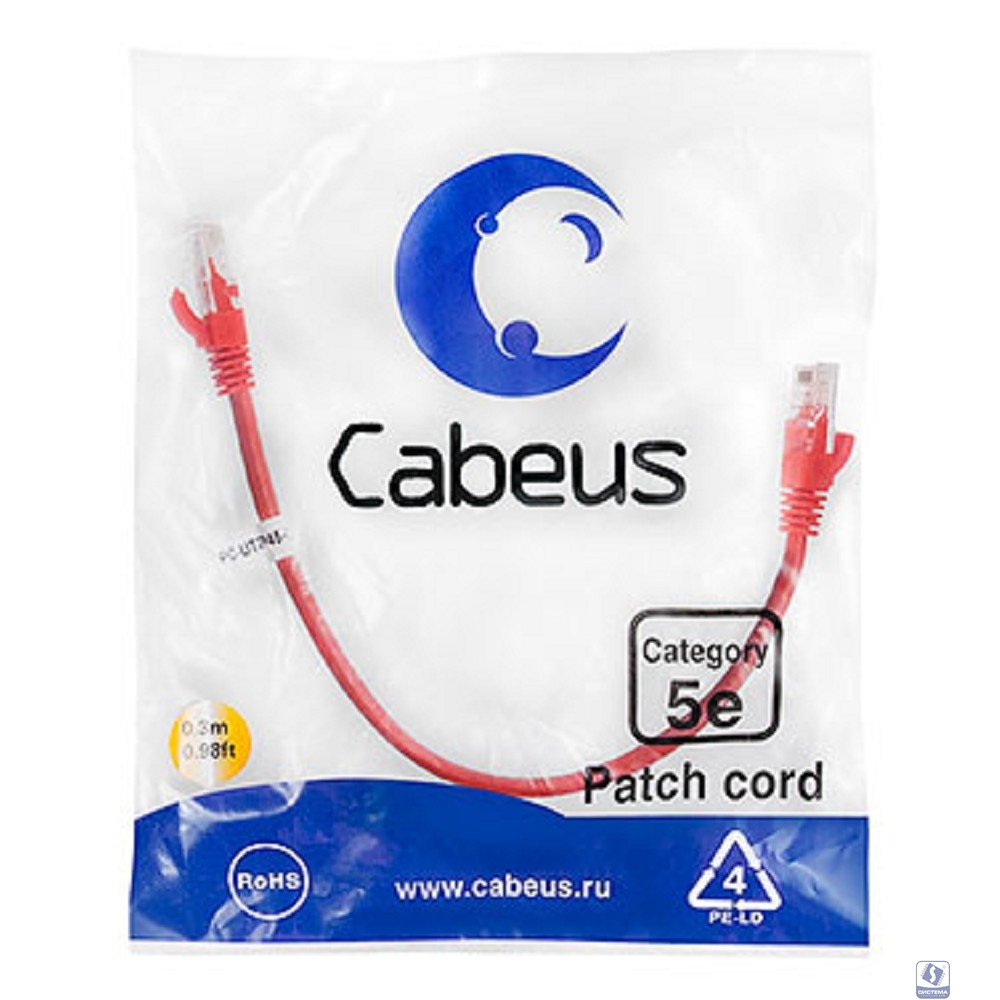 CABEUS PC-UTP-RJ45-CAT.5E-0.3M-RD U/UTP, КАТЕГОРИЯ 5Е, 2XRJ45/8P8C, НЕЭКРАНИРОВАННЫЙ, КРАСНЫЙ, PVC, 0.3М