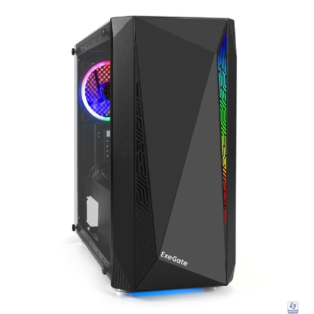 Exegate EX294384RUS Корпус Minitower ExeGate Mistery R2 (mATX, без БП, 2*USB+1*USB3.0, аудио, черный, 1 вент. 12см с RGB подсветкой и полоса на передней панели, боковая панель - закаленное стекло)